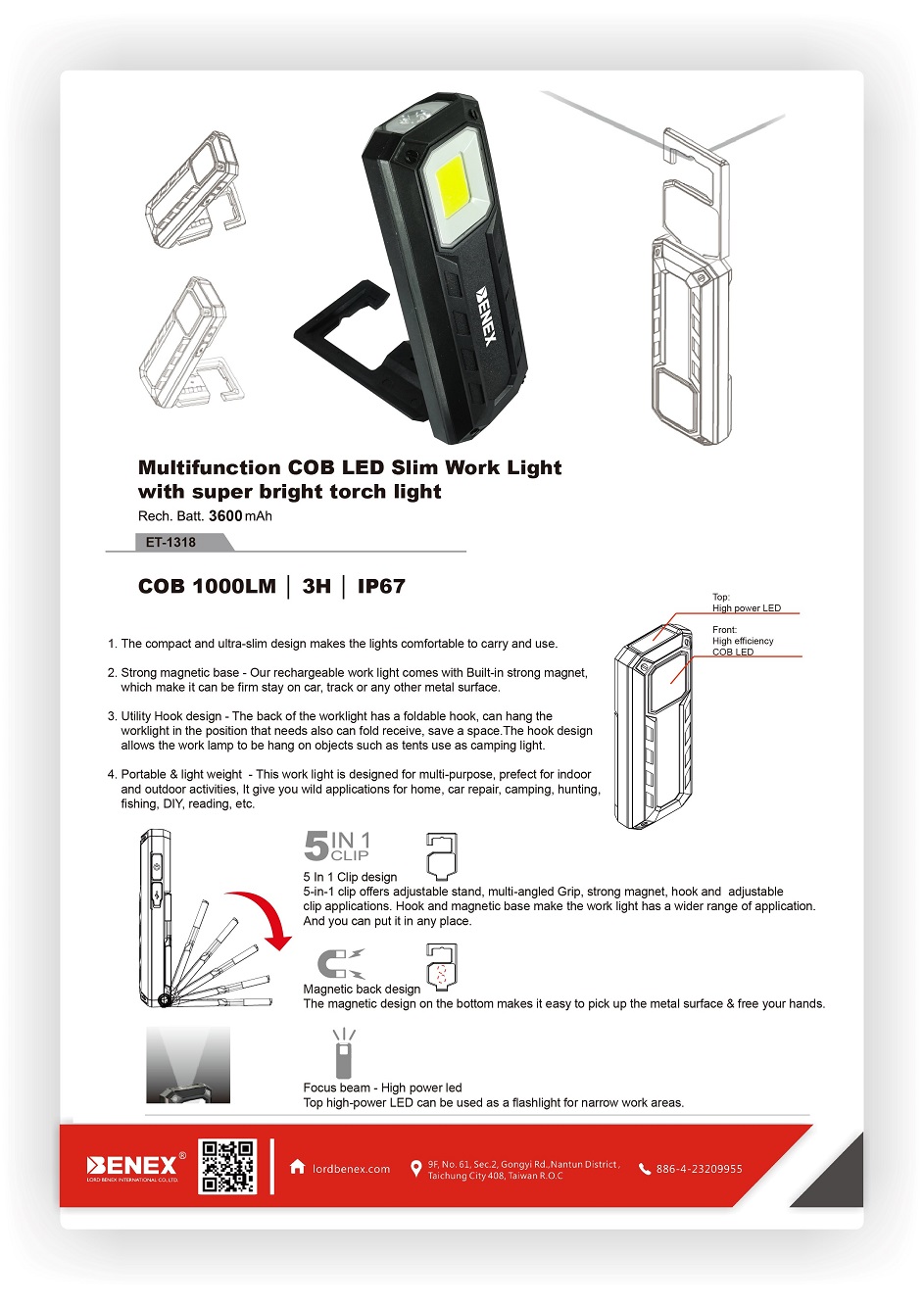 Multifunction COB LED 1000LM Slim Work Light with super bright torch light