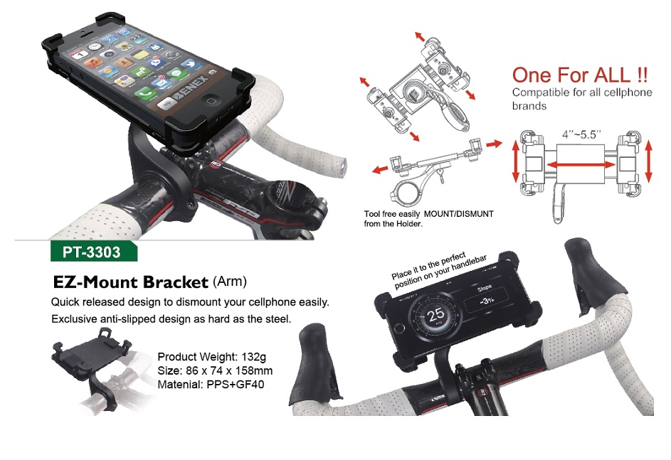 PT-3303 Bicycle PZ-Mount Bracket (Arm) for Smartphone, Bike Cellphone Holder 